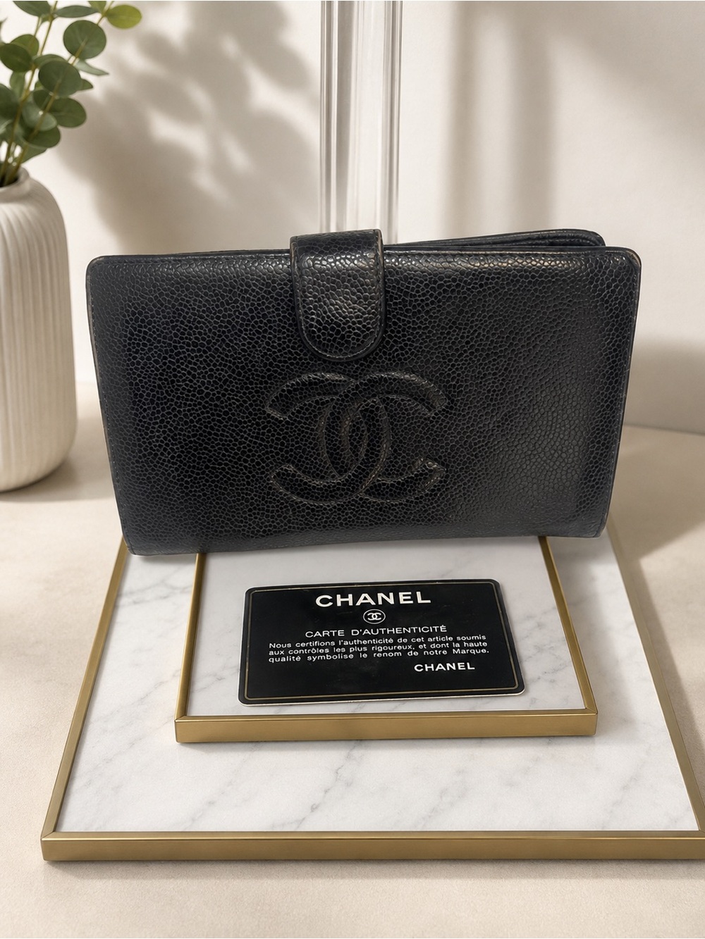 CHANEL Black Quilted CC Leather Wallet with Snap Closure